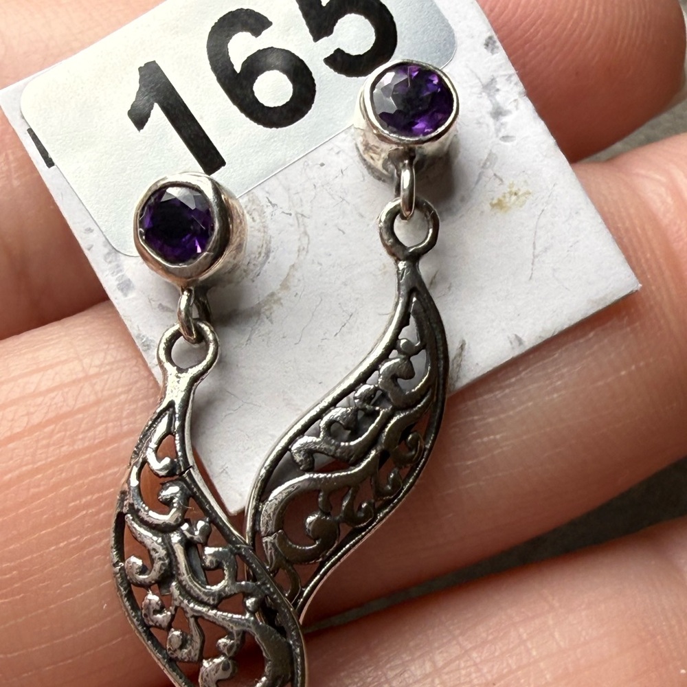 925 Sterling Silver and amethyst Dangle Earrings - Picture 2 of 4